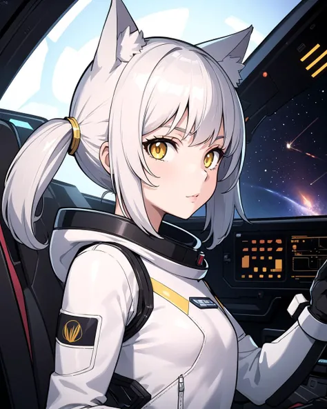 masterpiece, best quality, 1girl, spacecraft interior, spacesuit, upper body, from side, science fiction, yellow eyes, twintails, silver hair, cat ears, looking at viewer,