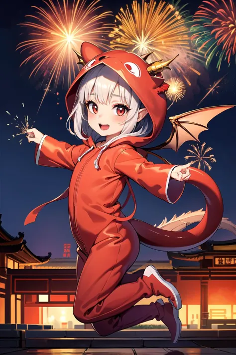 a girl in a red outfit is running with fireworks in the background