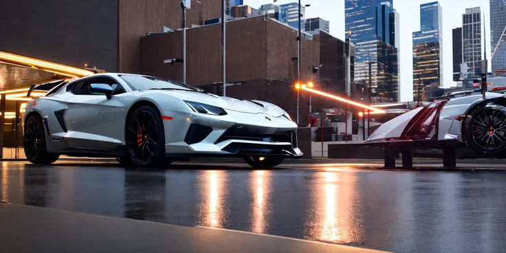 Lamborghini poison,masterpiece, highly detailed photorealistic 8k raw photo,Rainy night, night,bright tones,real light and shadow,best cinematic quality, volumetric lighting and shadows, the front of the car has a Camaro logo,1girl driving car, sprktt,cutt...