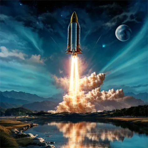 Rocket, reflection, lake, water, space, planet, no humans, ground vehicle, cloud, sky, flying, star_(sky), city, science fiction , super-reaslitic, 8k, best quality, moon,  <lora:rocketStart:0.95>