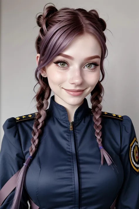 close range of realistic photo of <lora:sd15_LiluCinnamon_locon_24_v1-000016:.9> LiluCinnamon, focus on smiling face, wearing a military uniform , her medium purple taupe color hair is styled as dutch braided bangs,