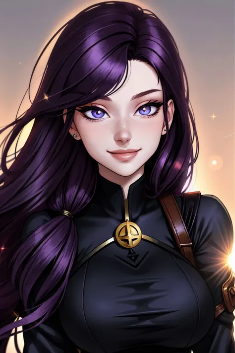 a drawing of a woman with purple hair and a black top