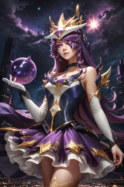 a woman in a purple dress holding a crystal ball