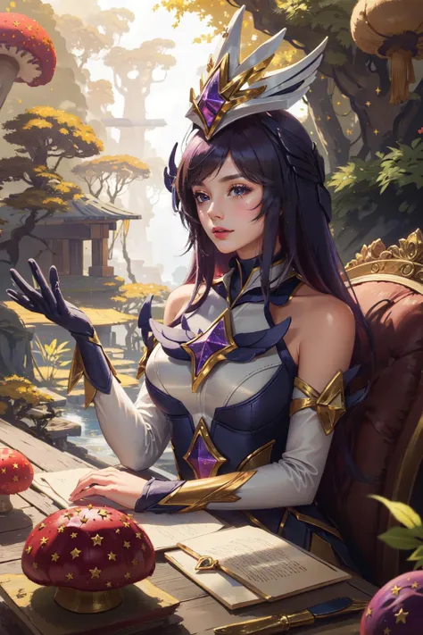 (masterpiece, best quality),  intricate details,
1girl,   <lora: Star_Guardian_Syndra:0.8>  star guardian syndra, 
 <lora:duobackground:0.6> fantasy, magical forest, giant mushrooms, giant trees,