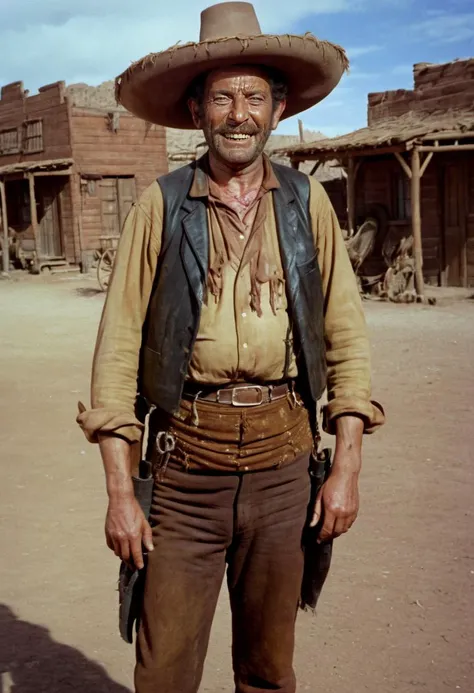 a spaghetti western movie still full body photo of an old west scene, an ugly dirty sweaty Mexican man with a disgusting evil grin and a round face, wearing a wide-brim hat and bandoleers across his chest, dirty teeth, long mustache, shot on technicolor, 3...