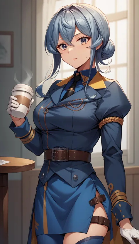 a woman in a blue uniform holding a cup of coffee