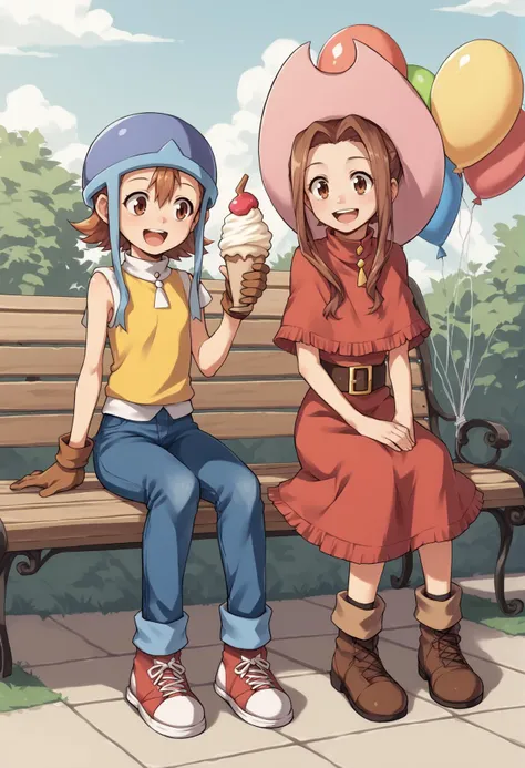 two girls sitting on a bench with balloons and ice cream