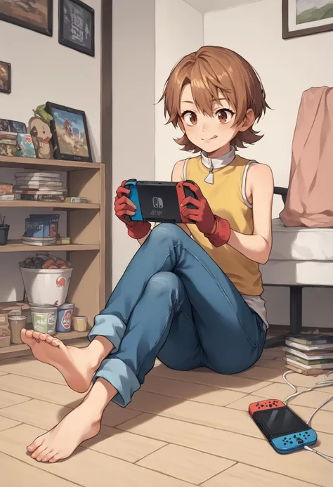 anime girl sitting on the floor with a nintendo wii controller