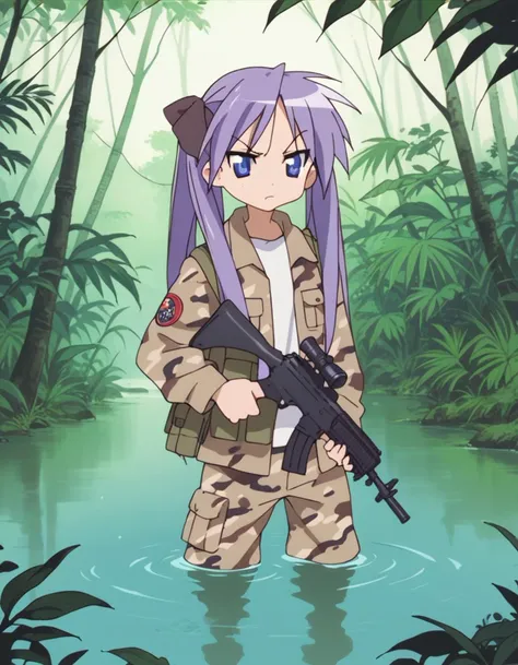 a woman in camouflage holding a rifle in a river