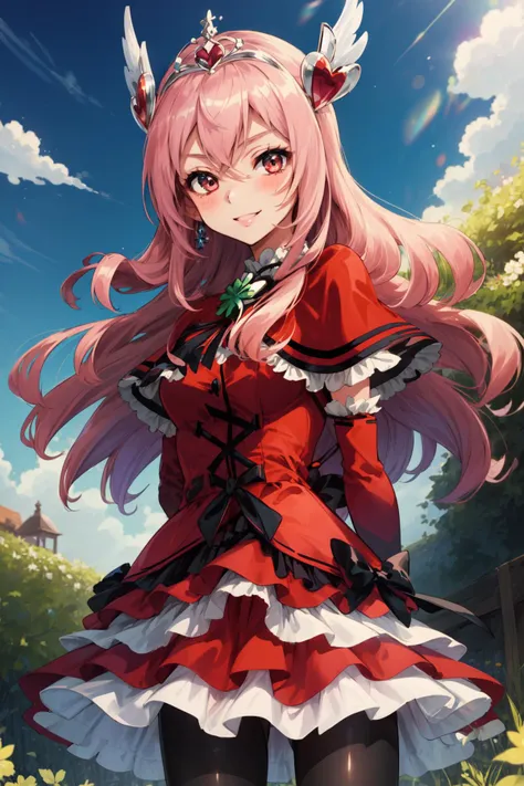 masterpiece,best quality,1girl,cure passion,layered skirt,red sleeves,tiara,capelet,pantyhose,brooch,black ribbon,clover ornament,smile,arms behind back,garden,blue sky,cowboy shot,<lora:locon_cure_passion_5:0.9>,