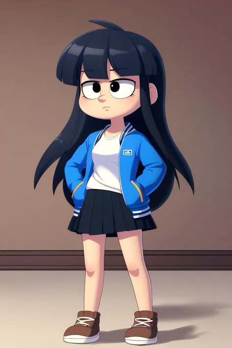 a cartoon girl in a blue jacket and skirt standing in a room