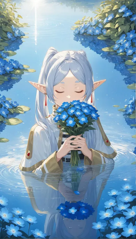 nereirfpnxl, frieren, rating:safe, flower, water, pointy ears, blue flower, closed eyes, reflection, holding flower, holding, el...