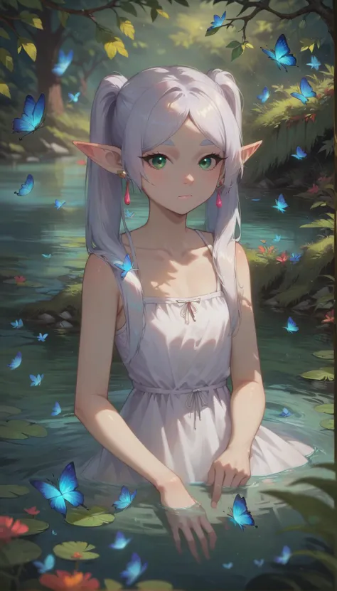 score_9, score_8_up, score_7_up, score_6_up, source anime,
nereirfpnxl, frieren, blue butterfly, butterfly, pointy ears, elf, plant, leaf, glowing butterfly, depth of field, green eyes, long hair, water, earrings, twintails, nature, tree, branch, bare shou...