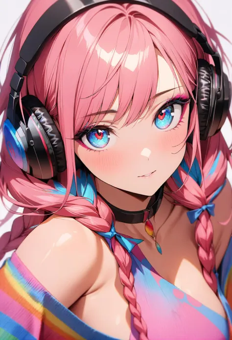 anime girl with headphones and rainbow dress