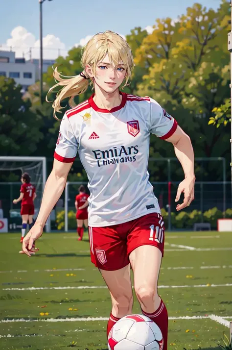 <lora:soccer_uniform:0.5> wearing soccer_uniform, (inside soccer_field:1.3), kicking the ball, outdoors, white shirt with red strip,  river_plate, number 10, soccer club, (red soccer ball:1.3),, ultra detailed, masterpiece, best quality, aesthetic, detaile...