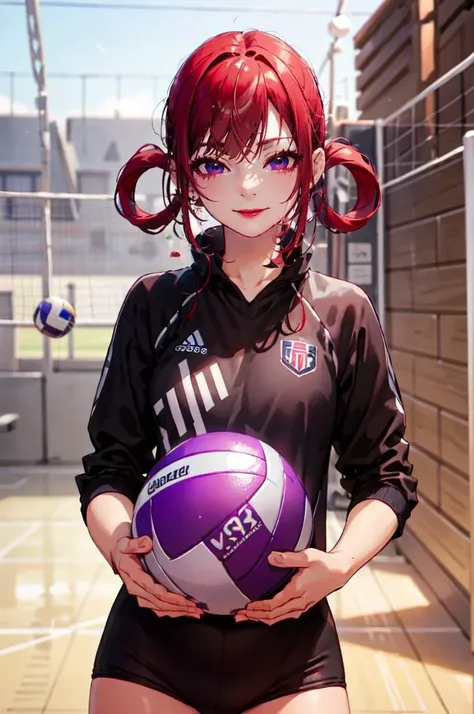 <lora:volley_uniform:0.5> volley_uniform, inside volley ball field, holding_ball,, ultra detailed, masterpiece, best quality, aesthetic, detailed,, solo, seductive smile, red lips,
1girl, purple eyes, red hair, blunt bangs, medium breasts, <lora:hair_rings...