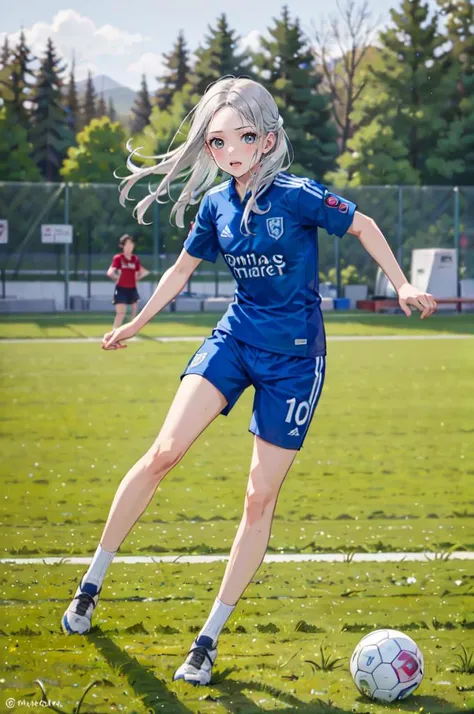 <lora:soccer_uniform:0.5> wearing soccer_uniform, inside soccer_field, kicking the ball, outdoors, flying ball,, ultra detailed, masterpiece, best quality, aesthetic, detailed,, serious, 1girl, (white eyes:1.1), (grey eyes:1.3), white hair, very long hair,...