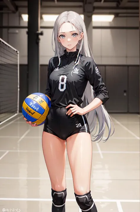 <lora:volley_uniform:0.5> volley_uniform, inside volley ball field, holding_ball,, ultra detailed, masterpiece, best quality, aesthetic, detailed,, serious, 1girl, (white eyes:1.1), (grey eyes:1.3), white hair, very long hair, parted hair, parted bangs, <l...