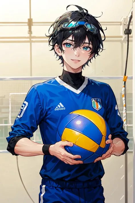 <lora:volley_uniform:0.5> volley_uniform, inside volley ball field, holding_ball, blue clothes, (1boy:1.3),, ultra detailed, masterpiece, best quality, aesthetic, detailed,, ultra detailed, masterpiece, best quality, solo, smile, 1boy, green eyes, short ha...