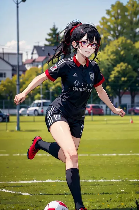 <lora:soccer_uniform:0.5> wearing soccer_uniform, inside soccer_field, kicking the ball, outdoors, flying ball,, ultra detailed, masterpiece, best quality, aesthetic, detailed,, solo, smug smile, 1girl, purple eyes, red-framed eyewear, (black hair, red col...