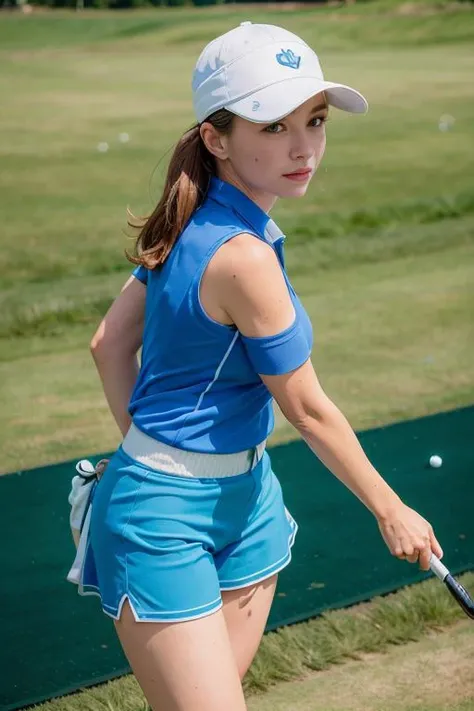 photo of a woman, (wearing golf_outfit, wearing golf_cap, blue outfit:1.3),
good hand,4k, high-res, masterpiece, best quality, head:1.3,((Hasselblad photography)), finely detailed skin, sharp focus, (cinematic lighting), night, soft lighting, dynamic angle...