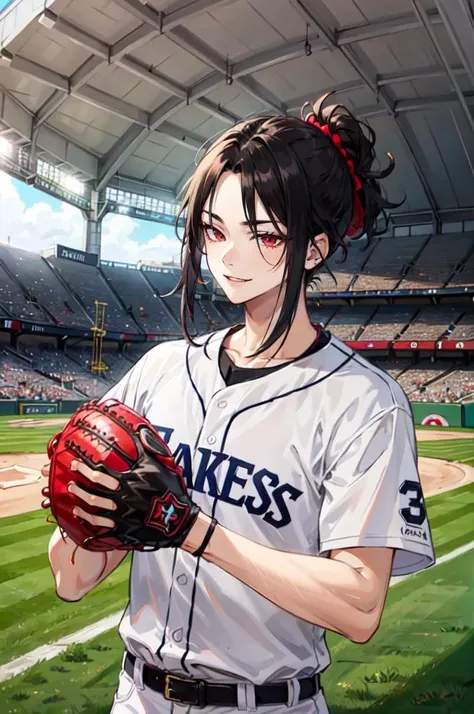 <lora:baseball_uniform:0.45> wearing baseball_uniform, holding a baseball glove, inside_stadium, throwing a ball,, ultra detailed, masterpiece, best quality, aesthetic, detailed,, solo, smug smile, 1boy, red eyes, <lora:Tsurime3:0.7>, (tsurime:1.2), black ...