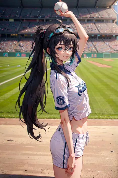 <lora:baseball_uniform:0.45> wearing baseball_uniform, holding a baseball glove, inside_stadium, throwing a ball,, ultra detailed, masterpiece, best quality, aesthetic, detailed,, solo, smile, 1girl, aqua eyes, black hair, <lora:low_ponytail-1.0:1> low pon...