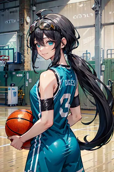 <lora:basket_uniform-10:0.5> wearing basket_uniform, inside basketball field, back view, side view, basketball, (goggles on head:1.1),, ultra detailed, masterpiece, best quality, aesthetic, detailed,, solo, smile, 1girl, aqua eyes, black hair, <lora:low_po...