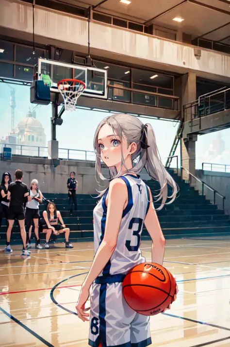 <lora:basket_uniform-10:0.5> wearing basket_uniform, inside basketball field, back view, side view, basketball,, ultra detailed, masterpiece, best quality, aesthetic, detailed,, serious, 1girl, (white eyes:1.1), (grey eyes:1.3), white hair, very long hair,...