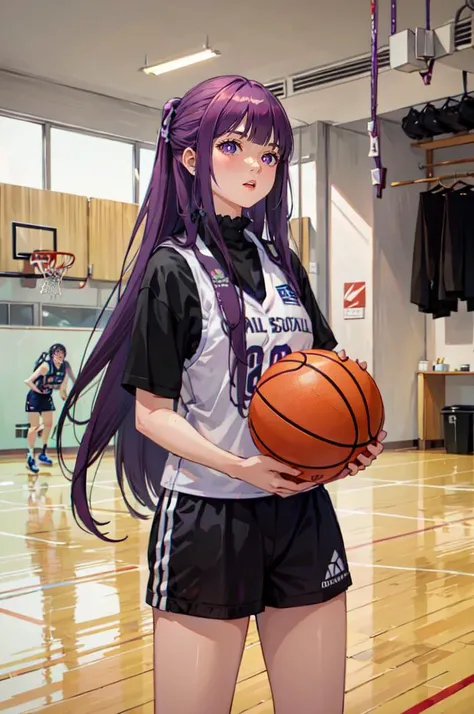 <lora:basket_uniform-10:0.5> wearing basket_uniform, wearing basketball uniform, inside basket field, inside basketball field, basketball,  <lora:CHAR-Fern:1> FernFrieren, very long hair, purple eyes, (purple pupils),, ultra detailed, masterpiece, best qua...