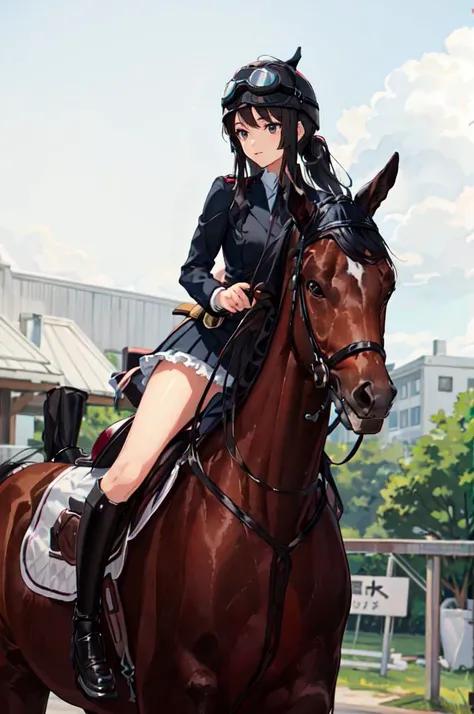 <lora:equitation_outfit:0.5> wearing equitation_outfit, wearing helmet, riding a horse, (goggles on head:1.3),  <lora:akiyama_mio:0.8> aamio,black eyes,long hair,hime cut,blunt bangs,, ultra detailed, masterpiece, best quality, aesthetic, detailed,