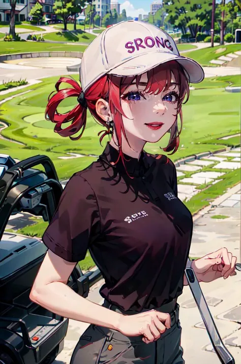 <lora:golf_outfit-10:0.5> wearing golf_outfit, wearing golf_cap, golf field, golf cart background,, ultra detailed, masterpiece, best quality, aesthetic, detailed,, solo, seductive smile, red lips,
1girl, purple eyes, red hair, blunt bangs, medium breasts,...