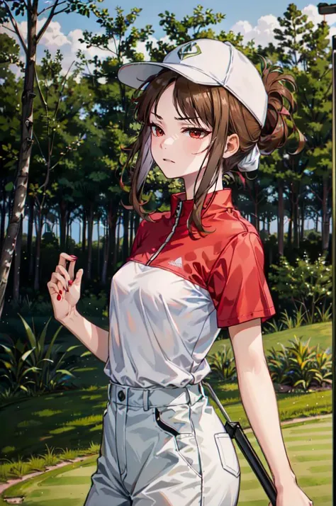 <lora:golf_outfit-10:0.5> wearing golf_outfit, wearing golf_cap, golf field, golf cart background,, ultra detailed, masterpiece, best quality, aesthetic, detailed,, solo, frown,
1girl, red eyes, <lora:Tsurime3:1>, (tsurime:1.2), (brown hair:1.3), medium ha...