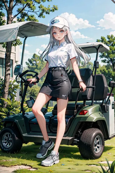 <lora:golf_outfit-10:0.5> wearing golf_outfit, wearing golf_cap, golf field, golf cart background,, ultra detailed, masterpiece, best quality, aesthetic, detailed,, serious, 1girl, (white eyes:1.1), (grey eyes:1.3), white hair, very long hair, parted hair,...