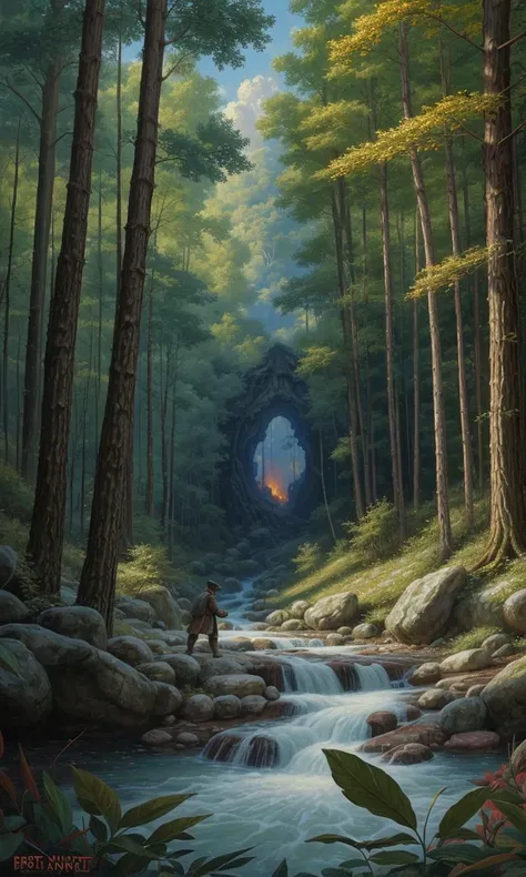 broshild2023, epic fantasy illustration, best quality, masterpiece, painting, hobbit in a forest