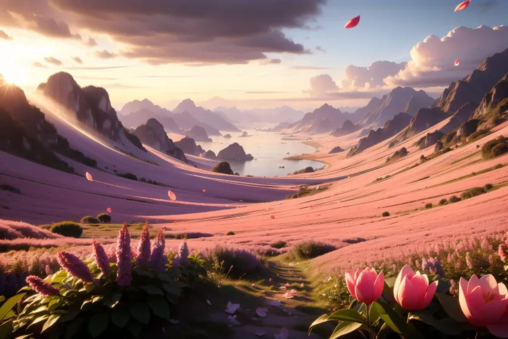 there is a pink field with flowers and mountains in the background