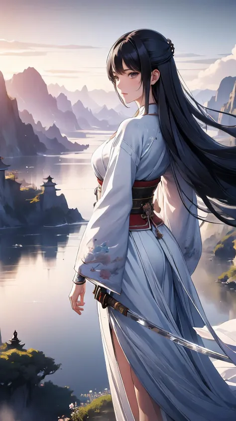 (High Quality:1.4), (Best Quality:1.4), (masterpiece:1.4), official art, official wallpaper, 4k textures, 
Woman, black hair, swordism, chinese clothes, long hair, full body, from behind,
(detailed:1.05), (extremely detailed:1.06), sharp focus, (intricate:...