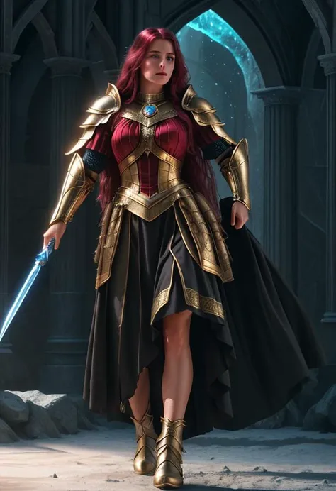 a woman in a red and gold outfit holding a sword