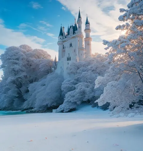 castle, flowers, delicate scene, sky,white clouds,and sunlight shine on the snow-white beach. flowers roses and shiny large shel...