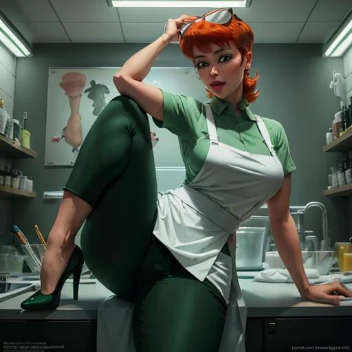 mom /(dexters laboratory/), smile, cute, looking at viewer, mint shirt, green pants, white apron, black high heels, (realistic:1.2), (realism), (masterpiece:1.2), (best quality), (ultra detailed), (8k, 4k, intricate),(full-body-shot:1), (85mm),light partic...