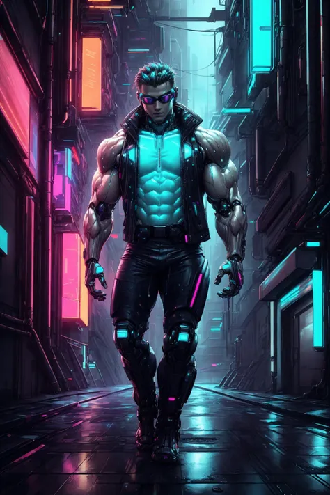 Futuristic, cyberpunk, high tech low life, sci-fi, science fiction, Artificial Intelligence,Nano-infused Mutants,Mutants with nanobots integrating into their bodies,granting extraordinary abilities, 1man, alpha male, young male, (cyborg arms:0.5) , cyberpu...