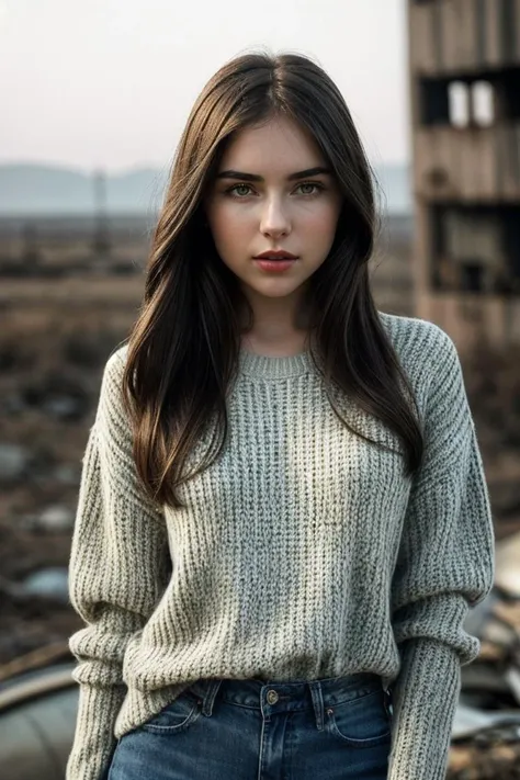 photo of fit (N13m1r4-135:0.99), a beautiful woman, perfect hair, (modern photo), wearing a (long sleeved sweater:1.2) and jeans with jewelry, portrait, 85mm, (analog, cinematic, film grain:1.3), (Post-Apocalyptic Wasteland, Desolate landscape with crumbli...