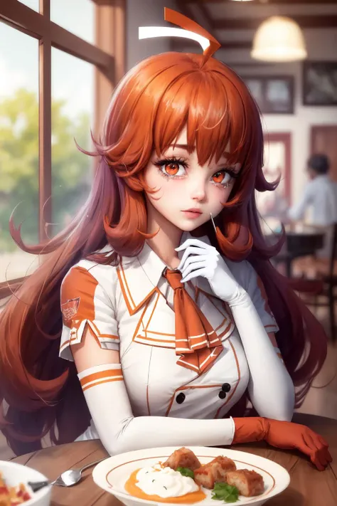 anime girl with long red hair sitting at a table with a plate of food