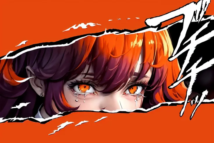 anime girl with orange eyes looking through hole in orange background