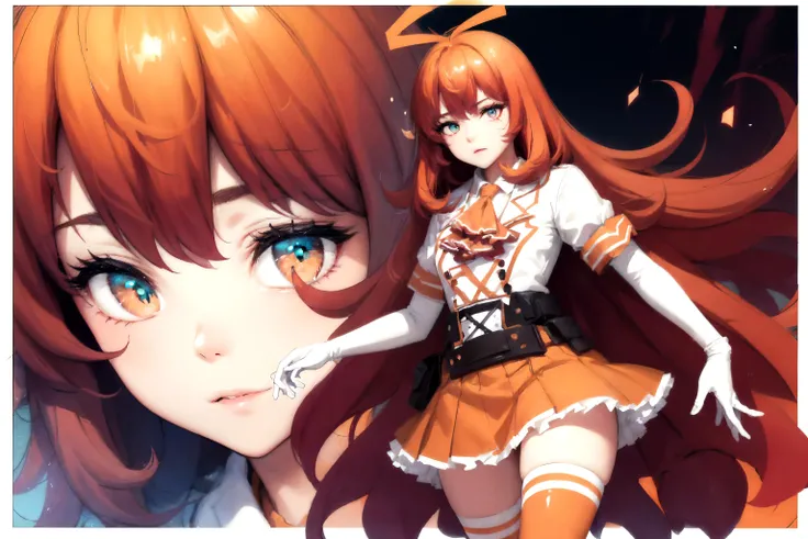 (detailed face and eyes:1.3),(1girl:1.2),Ultra-detail,(highres:1.1),best quality,(masterpiece:1.3),cinematic lighting,  <lora:stadiachan-nvwls-v1:1> stadia-chan, huge ahoge, multicolored eyes, ascot, white shirt, orange skirt, white gloves, orange thighhig...