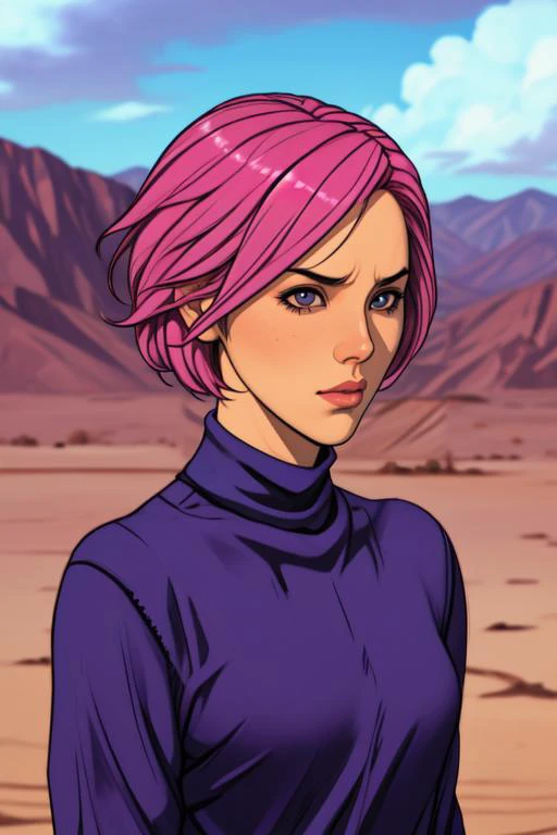 solo, 1girl, confused, pink hair, black eyes, light blue sweater, choppy bob, frontlighting, temperate desert, detailed background <lora:Oda_non_style_v01:1>