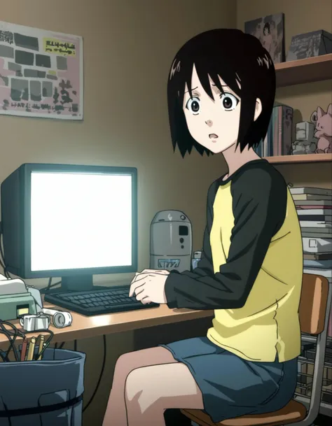 score_9,  score_8_up, score_7_up, <lora:Misaki:1> misaki, brown eyes, short hair, black hair, raglan sleeves, skirt,
sitting, computer, surprised, messy room