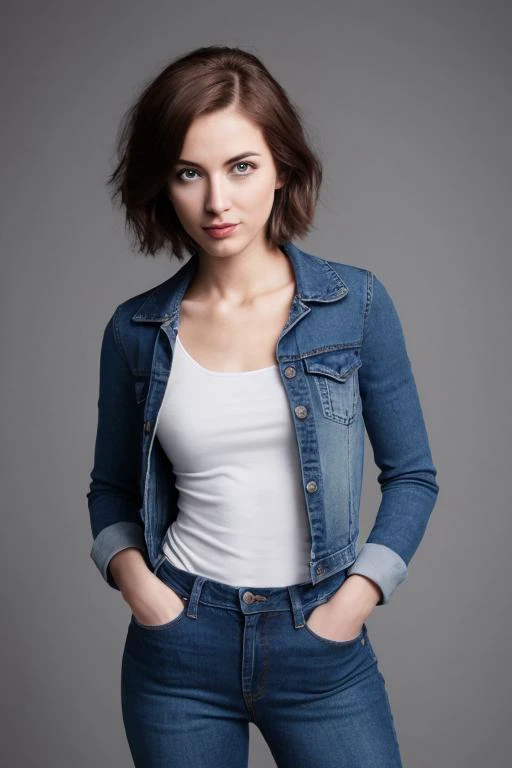 cheerful flirtatious woman, jeans, intense stare, short hair