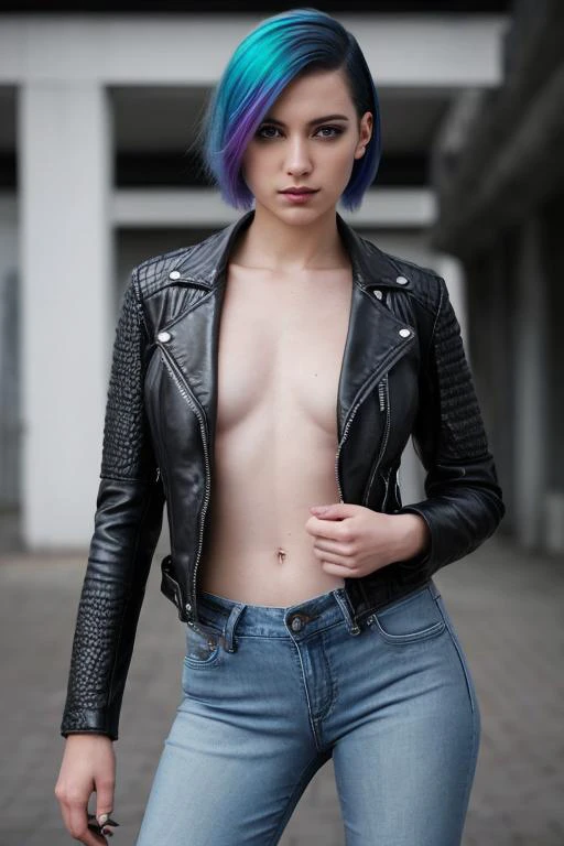 stunningly beautiful woman, jeans, intense stare, rebellious short undercut iridescent hair, leather jacket, large breasts, cinematic still, smirk