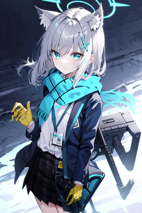 (masterpiece:1.2), best quality,PIXIV,Shiroko white,
1girl, shiroko (blue archive), animal ears, scarf, blue eyes, weapon, solo, halo, gloves, assault rifle, gun, school uniform, skirt, bag, grey hair, hair ornament, blue scarf, sig sauer, rifle, animal ea...